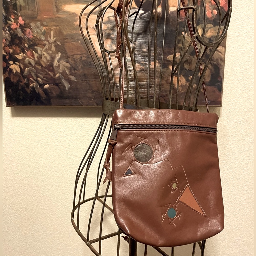 NEW Heifer Studio Artisan Made Abstract Designs Brown Leather Bag Crossbody